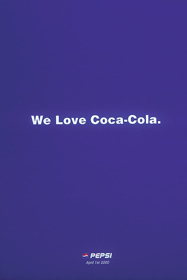  
Một quảng cáo của Pepsi. Pepsi yêu Coca-Cola ư? Đây chỉ là một trò đùa vào ngày cá tháng tư mà thôi. (Ảnh: PepsiCo)