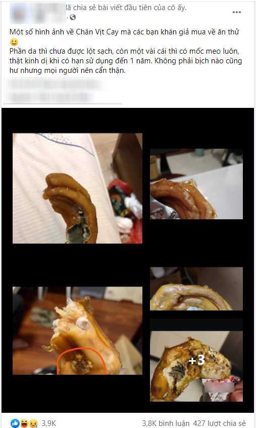  
Bài đăng của T.H.N kể về lần mua món chân vịt cay đang nổi trên mạng. (Ảnh: Chụp màn hình) 