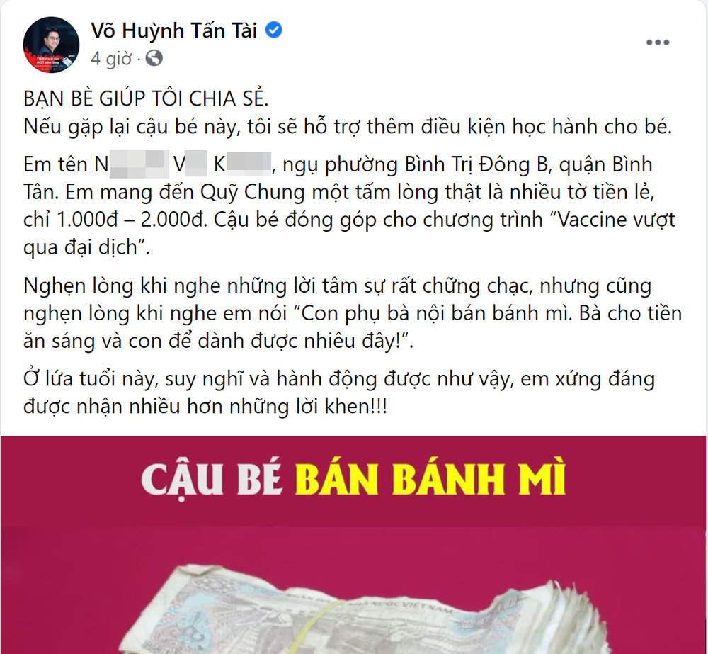  
BTV Võ Huỳnh Tấn Tài chia sẻ câu chuyện trên trang cá nhân (Ảnh: Chụp màn hình)