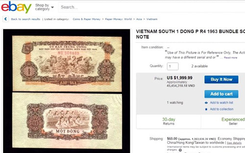  
Tờ 1 đồng của Việt Nam có giá gần 2.000 USD trên eBay (VOV)
