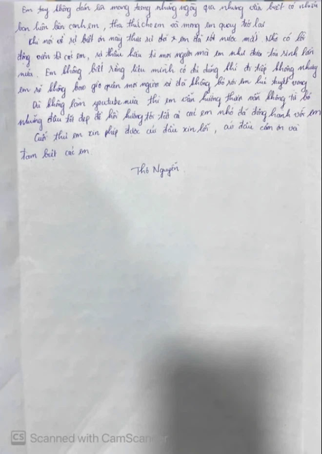  
Bức thư Thơ Nguyễn tự tay viết (Ảnh: Chụp màn hình)