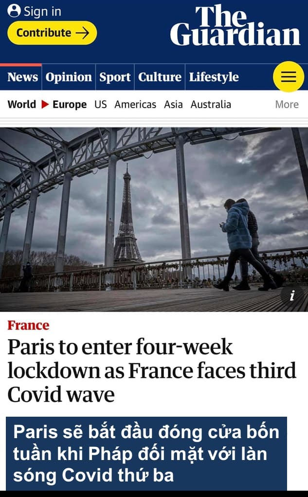  
Tờ The Guardian đưa tin Paris phong tỏa. (Ảnh chụp màn hình)