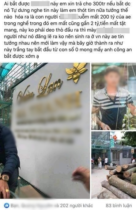  
Bài đăng truy tìm tung tích chủ vườn lan ôm 200 tỷ đồng của khách hàng bỏ trốn. (Ảnh: Chụp màn hình) 