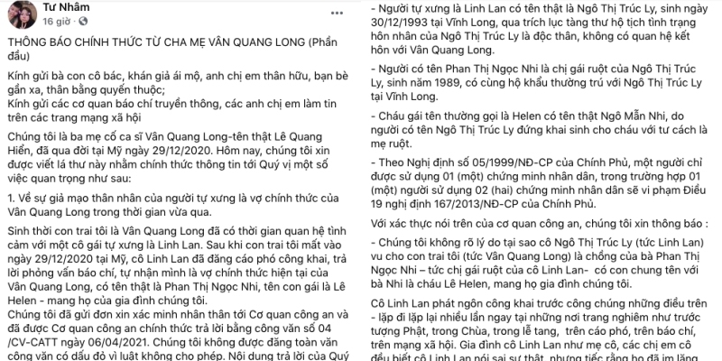 
Bài viết công khai của mẹ Vân Quang Long. - Tin sao Viet - Tin tuc sao Viet - Scandal sao Viet - Tin tuc cua Sao - Tin cua Sao