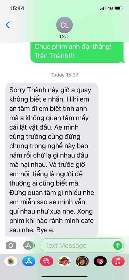  
Dòng tin nhắn của Lý Hải và Trấn Thành. (Nguồn: Facebook Tám Sài Gòn)