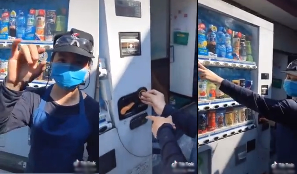  
Một cô gái Việt ở Nhật từng quay clip tương tự với máy bán hàng tự động ở nước này. (Ảnh: Chụp màn hình)