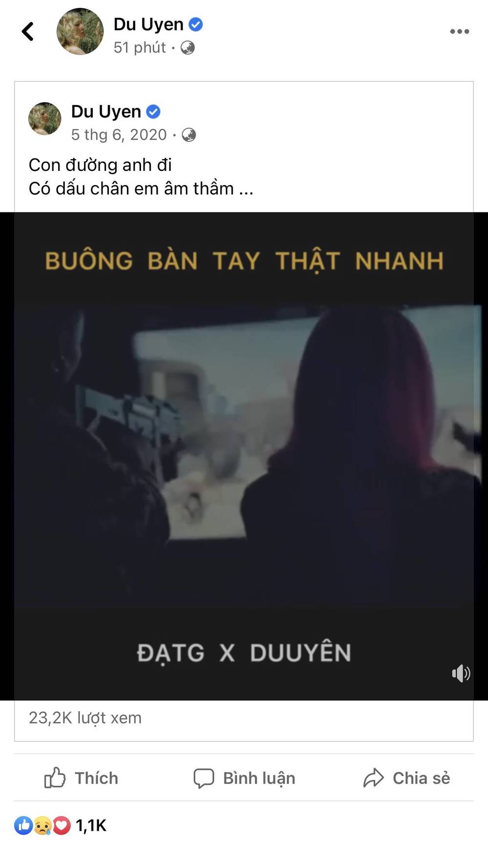  
Du Uyên cũng mới chia sẻ lại MV Buông Bàn Tay Thật Nhanh của cả hai như thay lời muốn nói. (Ảnh: Chụp màn hình) - Tin sao Viet - Tin tuc sao Viet - Scandal sao Viet - Tin tuc cua Sao - Tin cua Sao