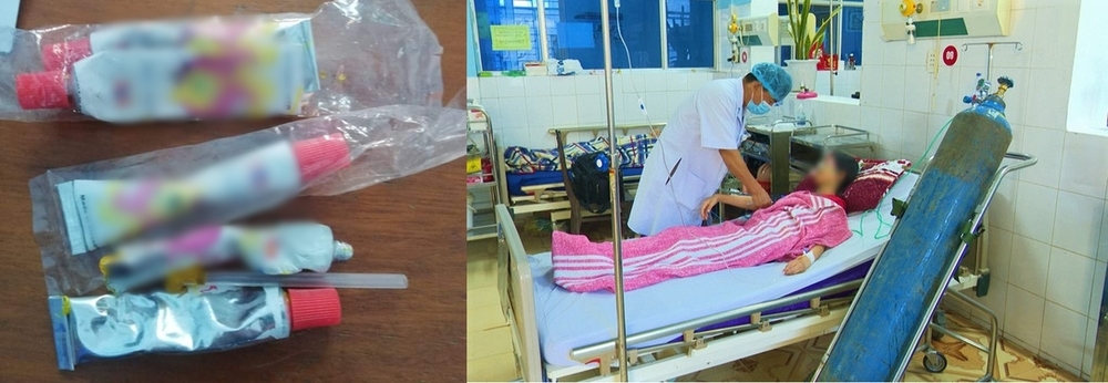  
1 trong 3 học sinh điều trị trong viện do ngộ độc keo thổi bong bóng. (Ảnh: Người Lao Động)