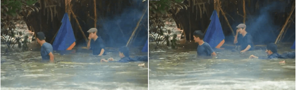  
Lần thứ 3, suýt bị chân vịt chém vào người khi quay cảnh hành động ở nhà sàn ven sông. (Ảnh: Chụp màn hình)