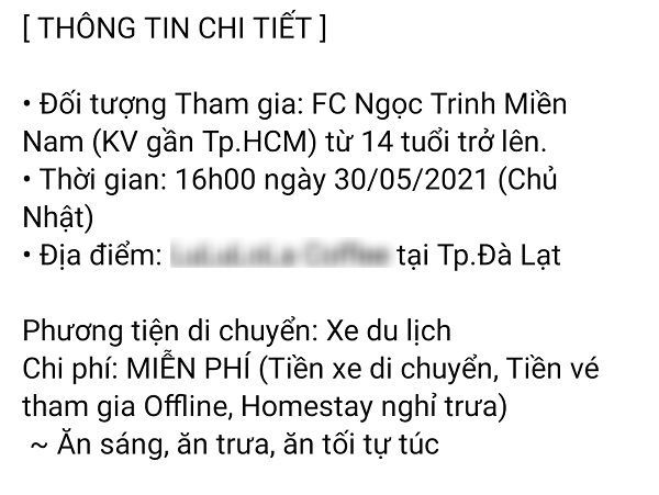  
Ngọc Trinh đưa fan lên Đà Lạt miễn phí để tổ chức offline. (Ảnh: Chụp màn hình)
