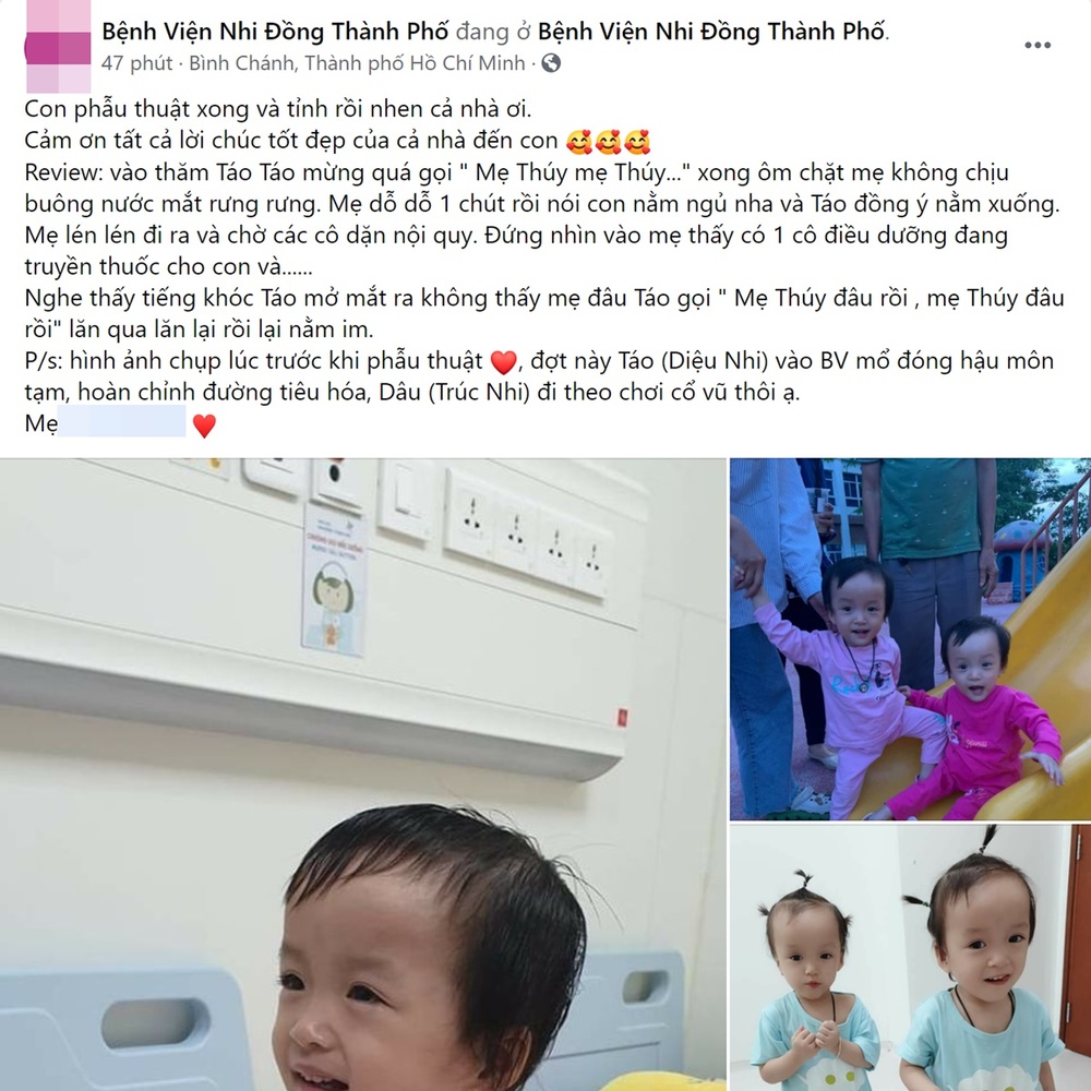  
Fanpage Bệnh viện Nhi đồng thành phố chia sẻ tình hình chị em Song Nhi. (Ảnh: Chụp màn hình)