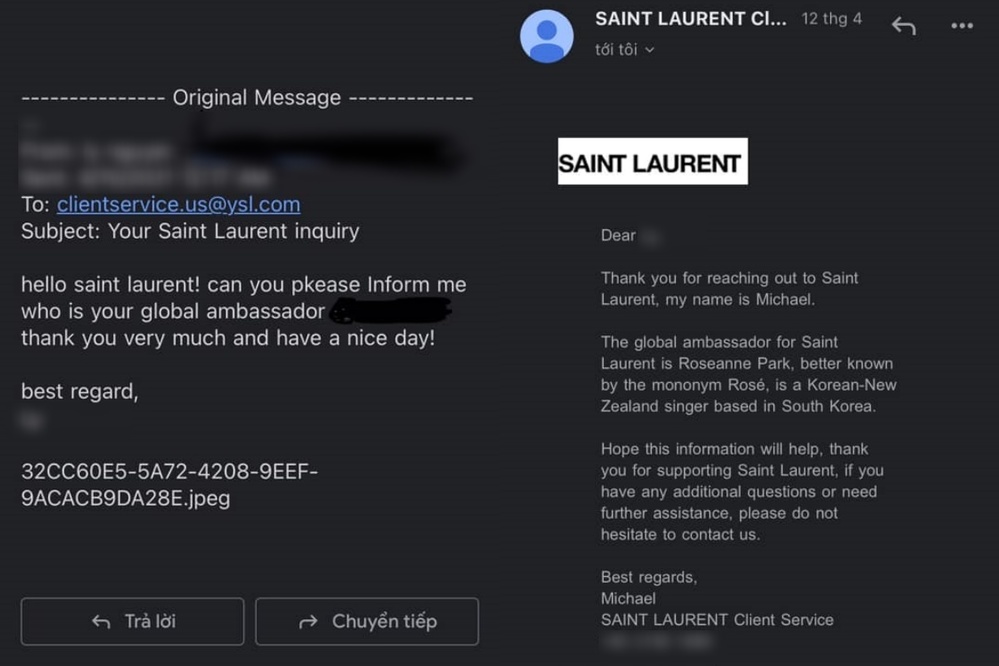  
BLINK gửi email đến Saint Laurent và được đại diện thương hiệu này xác nhận Rosé là Đại sứ toàn cầu. (Ảnh: Chụp màn hình)