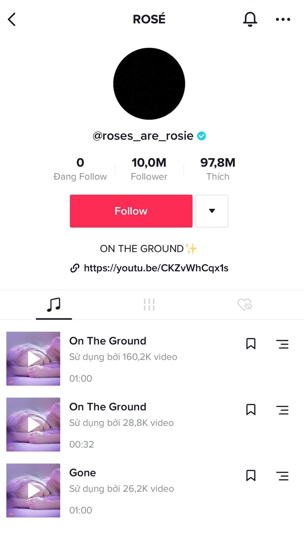  
Tài khoản TikTok của Rosé đã cán mốc 10 triệu lượt theo dõi. (Ảnh: Chụp màn hình)