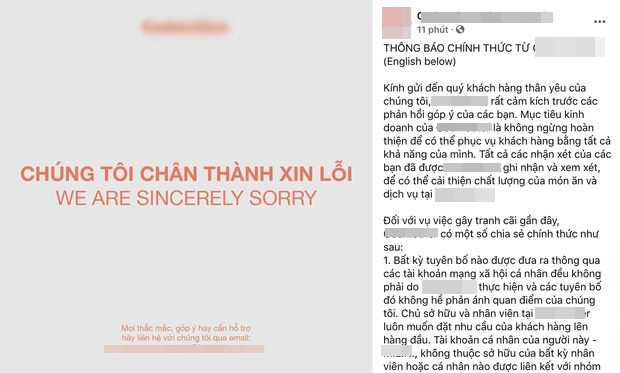  
Bài đăng xin lỗi đưa vào và sử dụng từ quán. (Ảnh: Chụp màn hình)