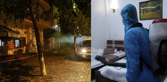  
Lực lượng y tế tỉnh Yên Bái phun tiêu độc khử trùng tại khách sạn phát hiện ca nhiễm Covid-19. (Ảnh: Tuổi Trẻ)