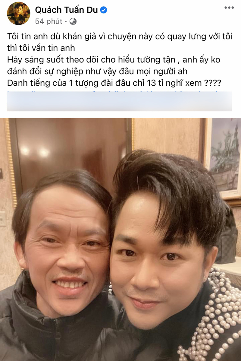  
Ca sĩ Quách Tuấn Du cũng đăng tải hình ảnh cùng Hoài Linh, một lòng ủng hộ nam danh hài. (Ảnh: Chụp màn hình)