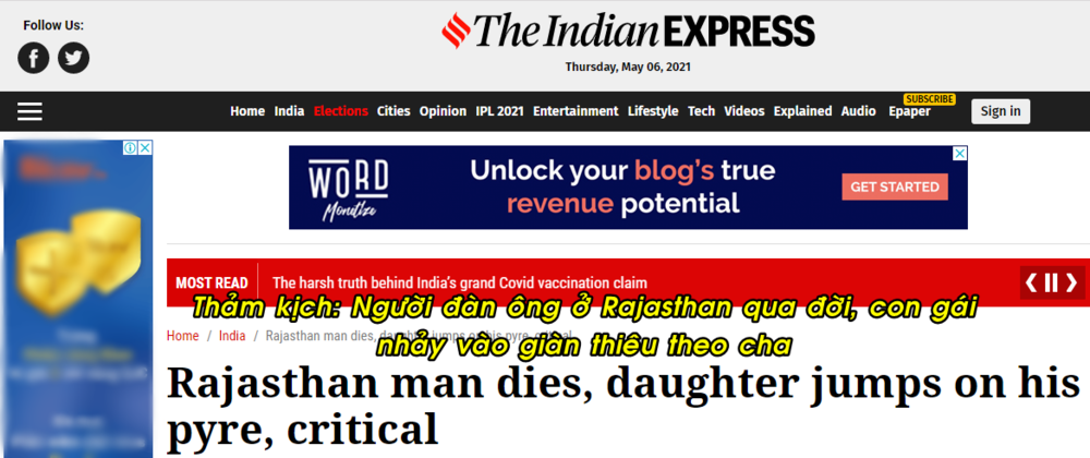  
Câu chuyện đau lòng được đăng tải trên Indian Express và nhiều trang tin khác. (Ảnh: The Hindu)
