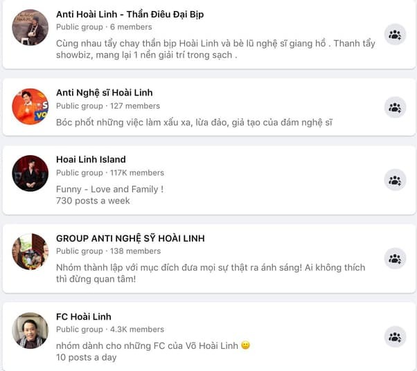  
Rất dễ để tìm kiếm các group anti-fan Hoài Linh trên Facebook hiện nay. (Ảnh: Chụp màn hình)