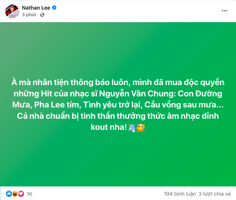  
Cư dân mạng cho rằng status tiết lộ trả hết nợ của Nguyễn Văn Chung cách đây 2 hôm với thông báo mới mua lại loạt hit của Nathan Lee có liên quan đến nhau. (Ảnh: Chụp màn hình)