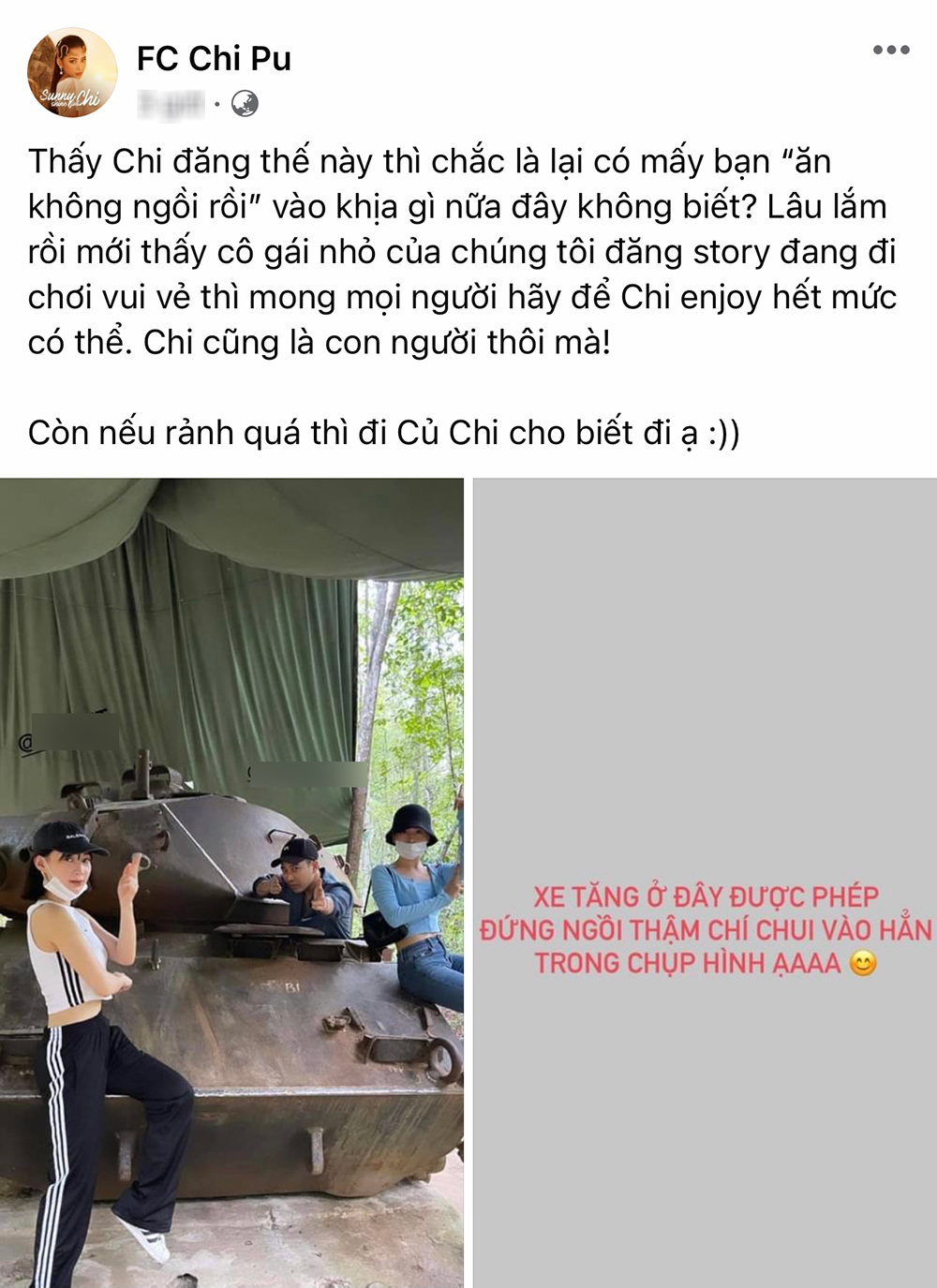  
Fan cũng đăng hẳn một bài bênh vực Chi Pu, nghi ngờ có người cố tình "khịa" nữ ca sĩ vì bức ảnh chụp cùng xe tăng. (Ảnh: Chụp màn hình)