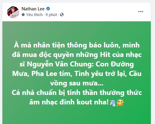  
Nathan Lee tuyên bố đã mua lại một số ca khúc hit của Nguyễn Văn Chung. (Ảnh: Chụp màn hình)