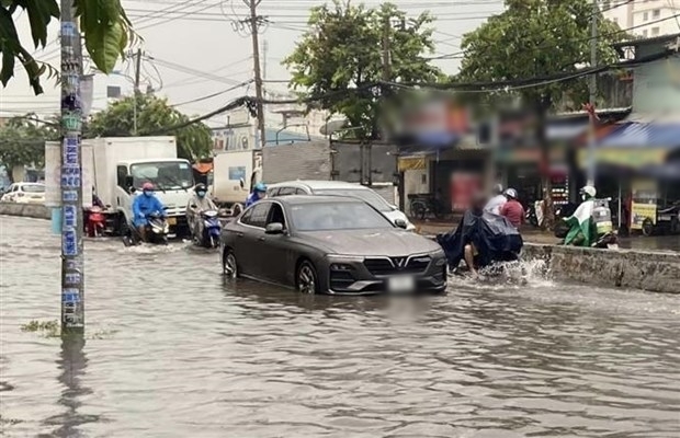  
Nước ngập gần nửa bánh xe ôtô trên đường Phan Văn Hớn (quận 12). (Ảnh: TTXVN)