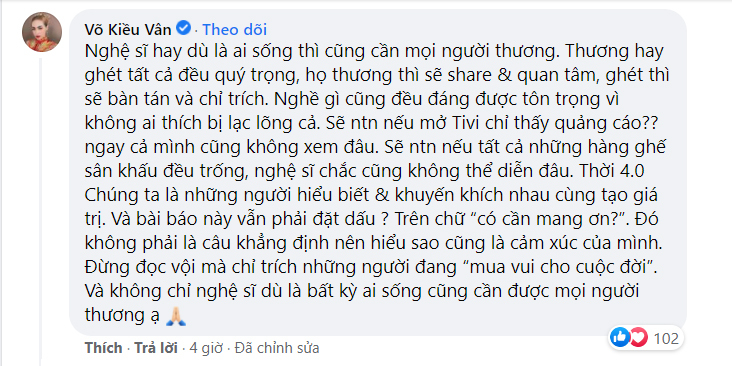  
Ca sĩ Võ Kiều Vân cũng đưa ra quan điểm cá nhân về những ồn ào này. (Ảnh: Chụp màn hình)
