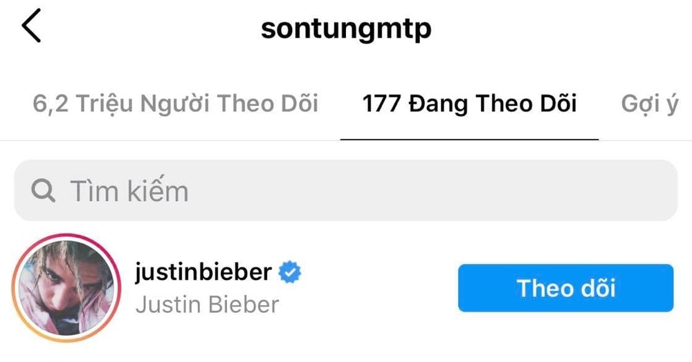  
Sơn Tùng M-TP nhấn theo dõi tài khoản Instagram của Justin Bieber. (Ảnh: Chụp màn hình)