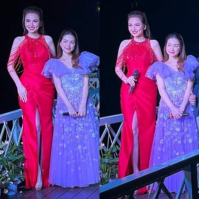  
Hòa Minzy chung khung hình với Hoa hậu Diễm Hương và bị lép vế về chiều cao. (Ảnh: 2sao)