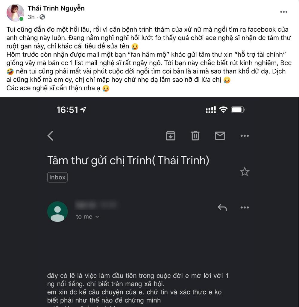  
Thái Trinh vừa chia sẻ câu chuyện bị một fan gửi email xin hỗ trợ tài chính. (Ảnh: Chụp màn hình)
