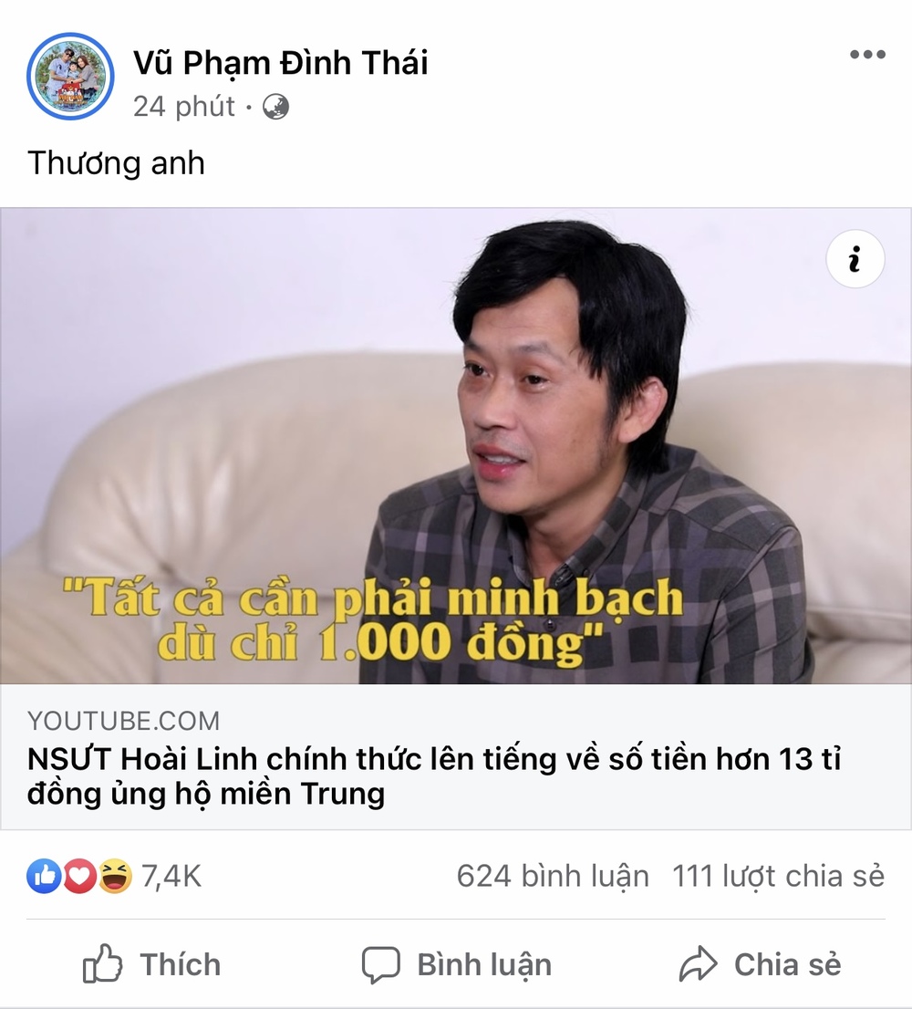  
Nam diễn viên của FAPTV cũng bày tỏ sự đồng cảm dành cho danh hài Hoài Linh. (Ảnh: Chụp màn hình)