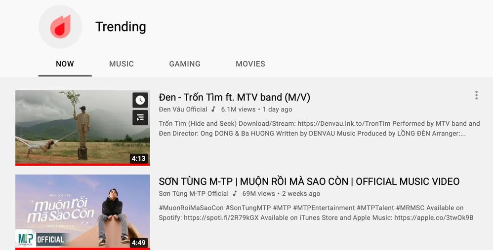  
Đen Vâu chính thức vượt mặt Sơn Tùng trên top trending YouTube. (Ảnh: Chụp màn hình)