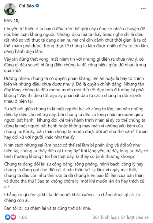  
Nguyên văn bài viết chứa nhiều hàm ý của nam diễn viên Chi Bảo. (Ảnh: Facebook nhân vật) - Tin sao Viet - Tin tuc sao Viet - Scandal sao Viet - Tin tuc cua Sao - Tin cua Sao