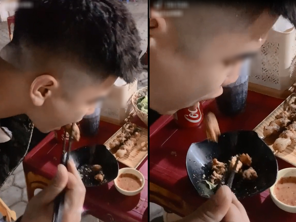  
Hình ảnh về nam thanh niên dùng miệng xé nhỏ đồ ăn cho bạn gái. (Ảnh: Chụp màn hình)