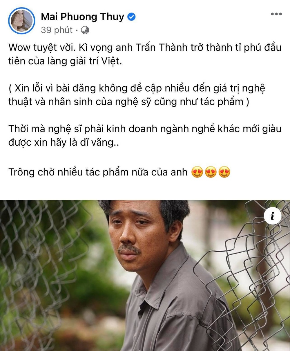  
"Kì vọng anh Trấn Thành trở thành tỉ phú đầu tiên của làng giải trí Việt." - Mai Phương Thúy. (Ảnh: Chụp màn hình)