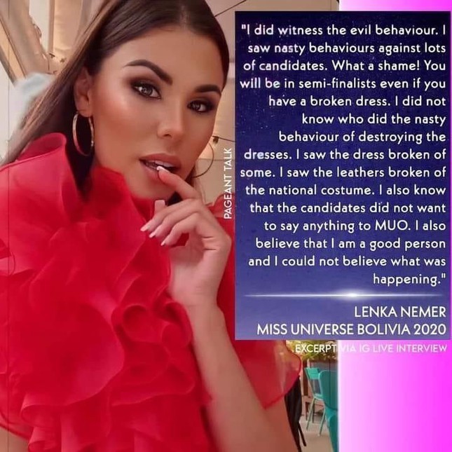  
Đại diện Bolivia từng cho biết cô đã bắt gặp nhiều thí sinh xấu tính tại Miss Universe 2020. (Ảnh: Chụp màn hình)