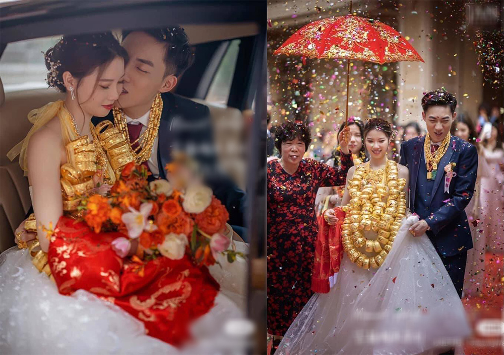  
Do số vàng quá nặng, chú rể phải dìu cô dâu bước đi. (Ảnh Weibo)