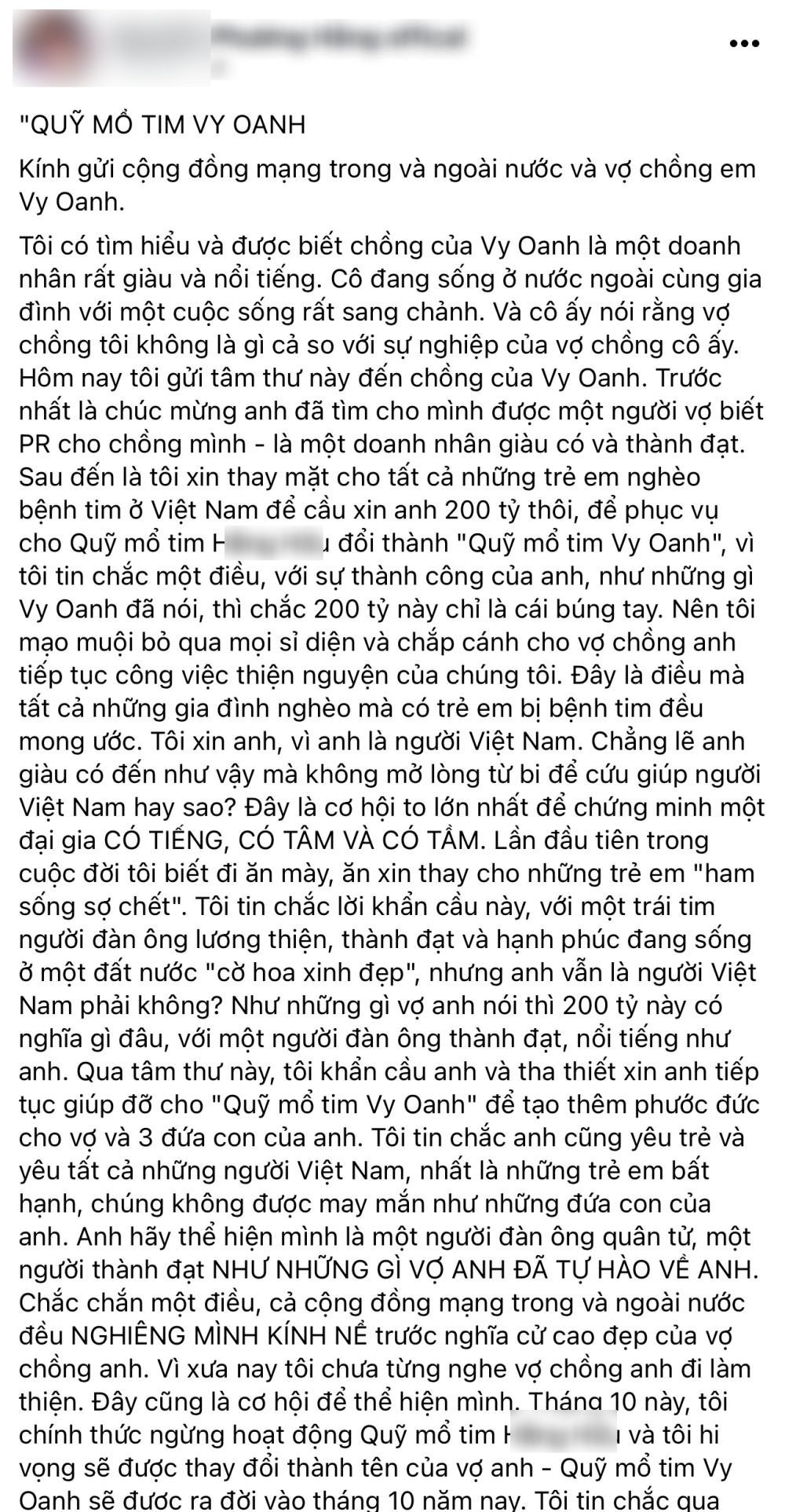  
Nữ CEO viết tâm thư gửi Vy Oanh xin 200 tỷ vào quỹ mổ tim. (Ảnh: Chụp màn hình) - Tin sao Viet - Tin tuc sao Viet - Scandal sao Viet - Tin tuc cua Sao - Tin cua Sao