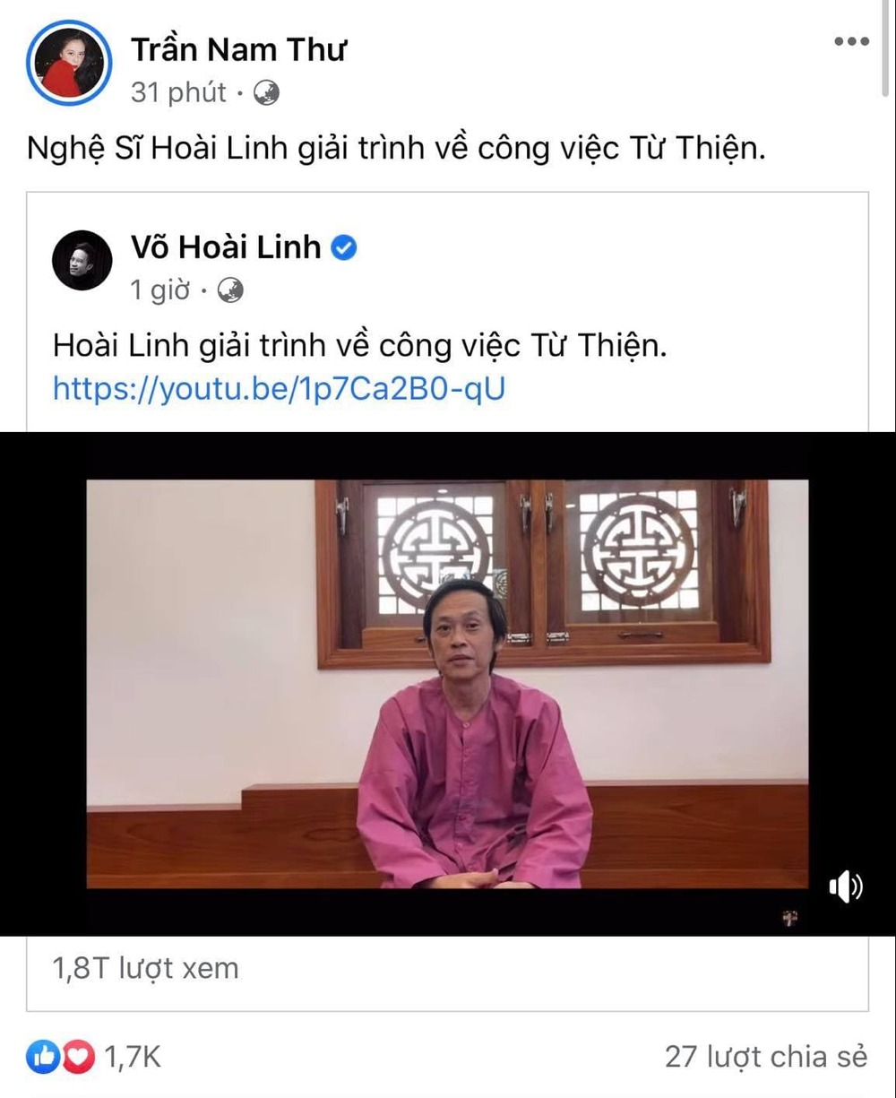  
Nam Thư chia sẻ đoạn video của Hoài Linh về trang cá nhân. (Ảnh: Chụp màn hình)