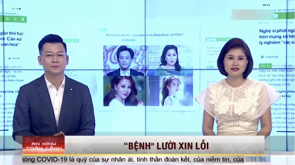  
NS Hoài Linh, NS Hồng Vân, Nam Thư, Ngọc Trinh xuất hiện trên truyền hình với bàn tin "Bệnh" lười xin lỗi. (Ảnh: Chụp màn hình)