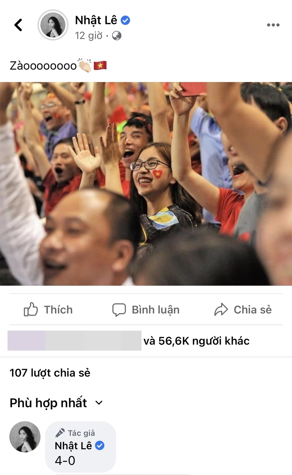  
Nhật Lê cập nhật trạng thái chúc mừng đội tuyển Việt Nam (Ảnh chụp màn hình)