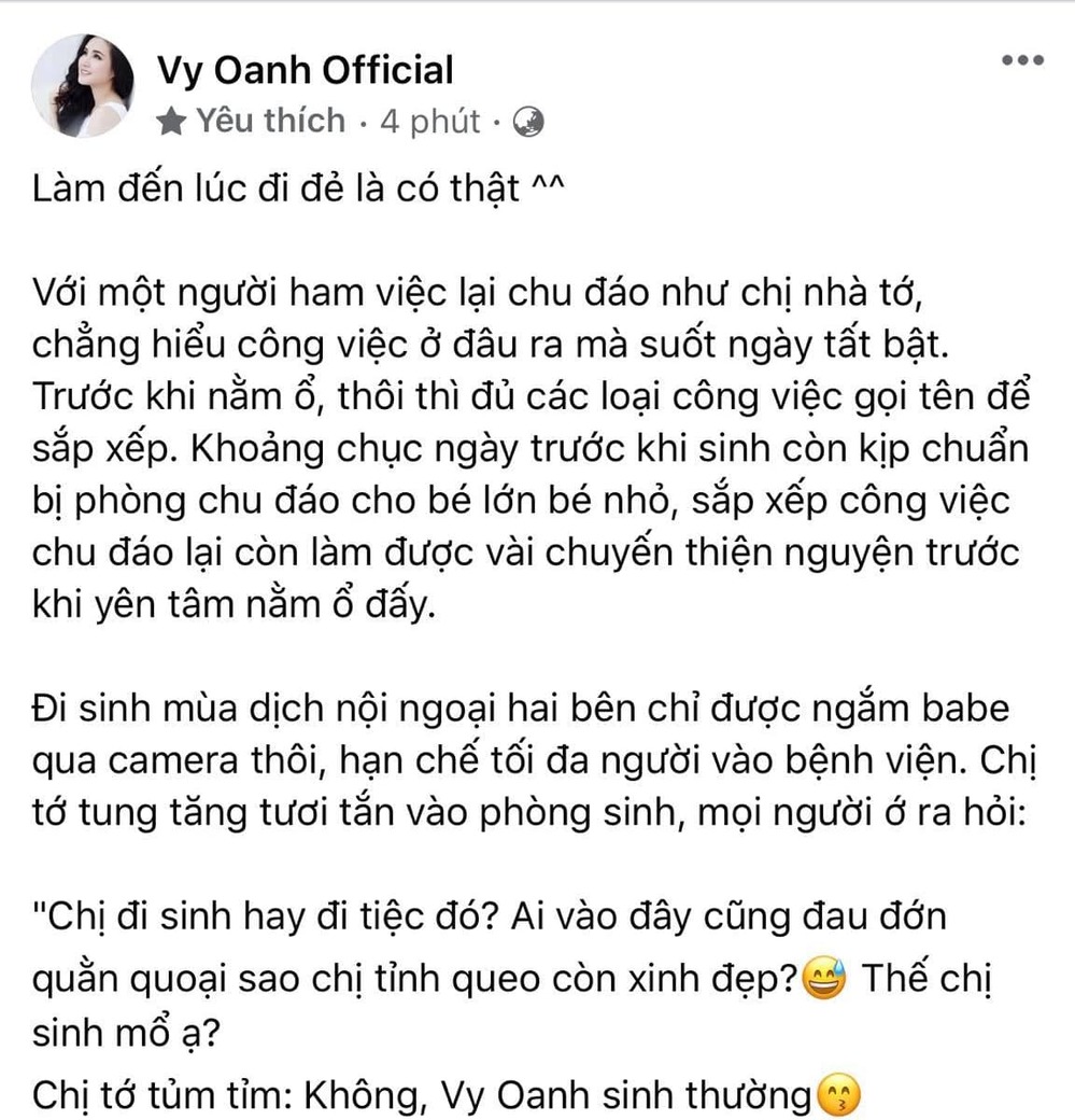 
Admin fanpage chia sẻ hình ảnh Vy Oanh chuẩn bị cho lần vượt cạn. (Ảnh: Chụp màn hình)
