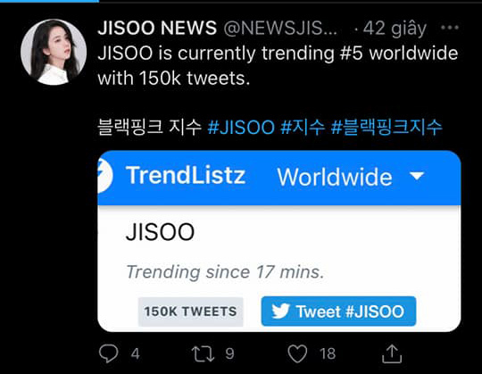  
Tên của Jisoo lên top trending thế giới sau khi thay đổi màu tóc. Ảnh: Chụp màn hình)