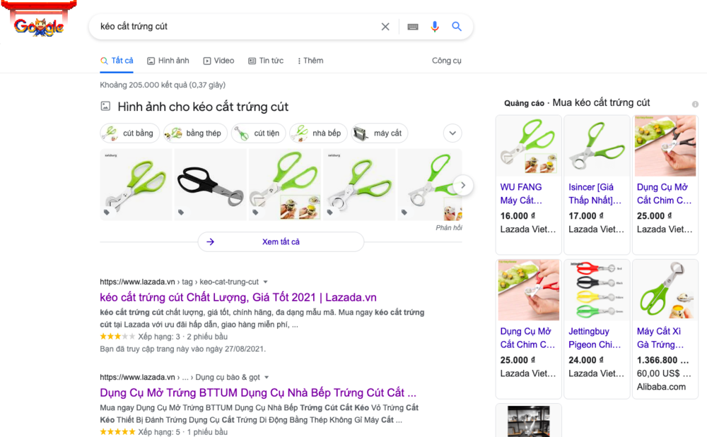 Tìm kiếm từ khoá "Kéo cắt trứng cút" trên Google sẽ cho ra rất nhiều kết quả.