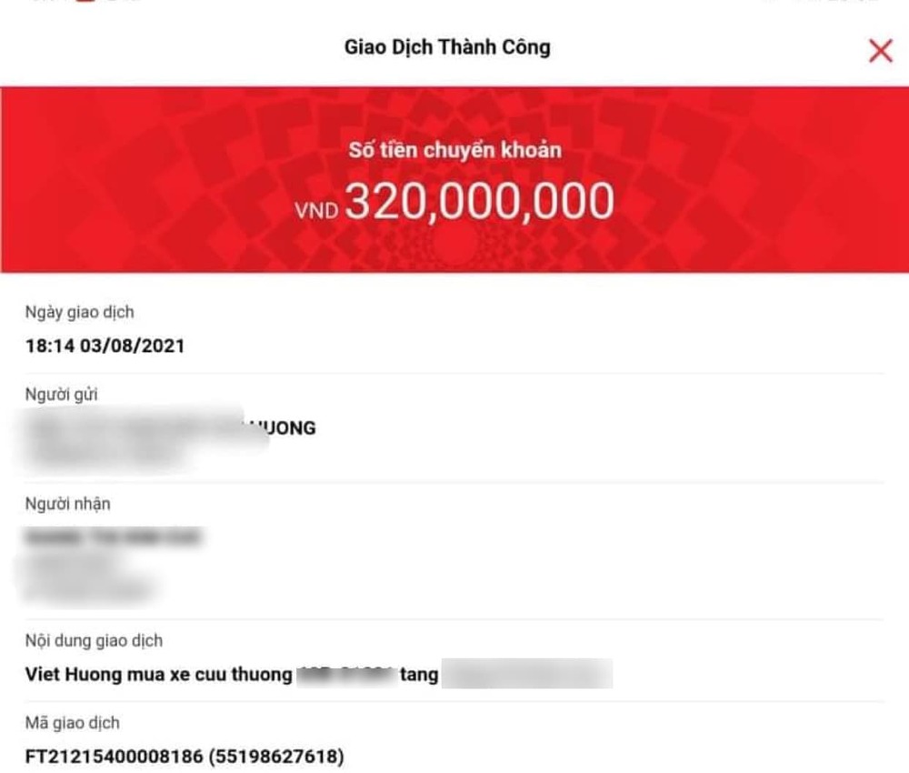  
Xác nhận cho thấy Việt Hương đã chuyển số tiền 320 triệu đồng cho nhóm từ thiện. (Ảnh: FBNV)