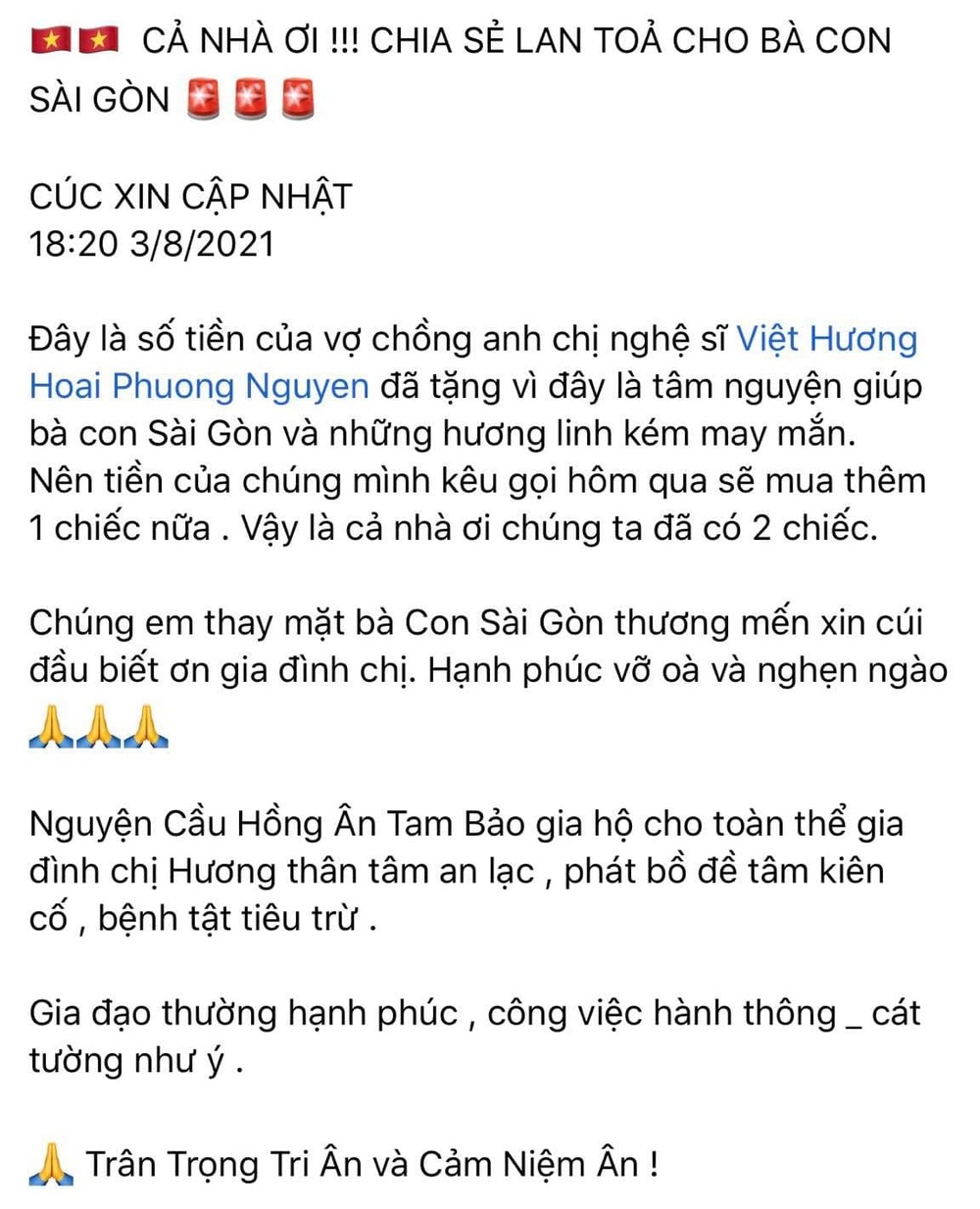  
Nhóm từ thiện gửi lời cảm ơn đến tấm lòng của vợ chồng Việt Hương. (Ảnh: Chụp màn hình)