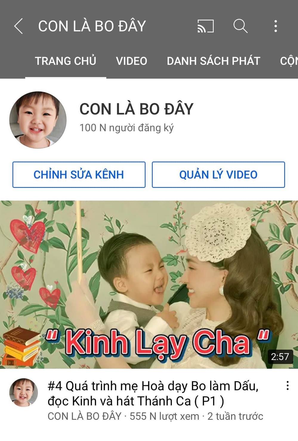 Kênh YouTube của Bo sau hơn 2 tuần đăng clip đã đạt được 100 ngàn người đăng kí. (Ảnh: FBNV)