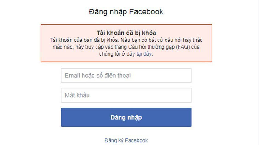 Facebook gửi thông báo tài khoản bị khóa đến người dùng. (Ảnh: Tinh tế)