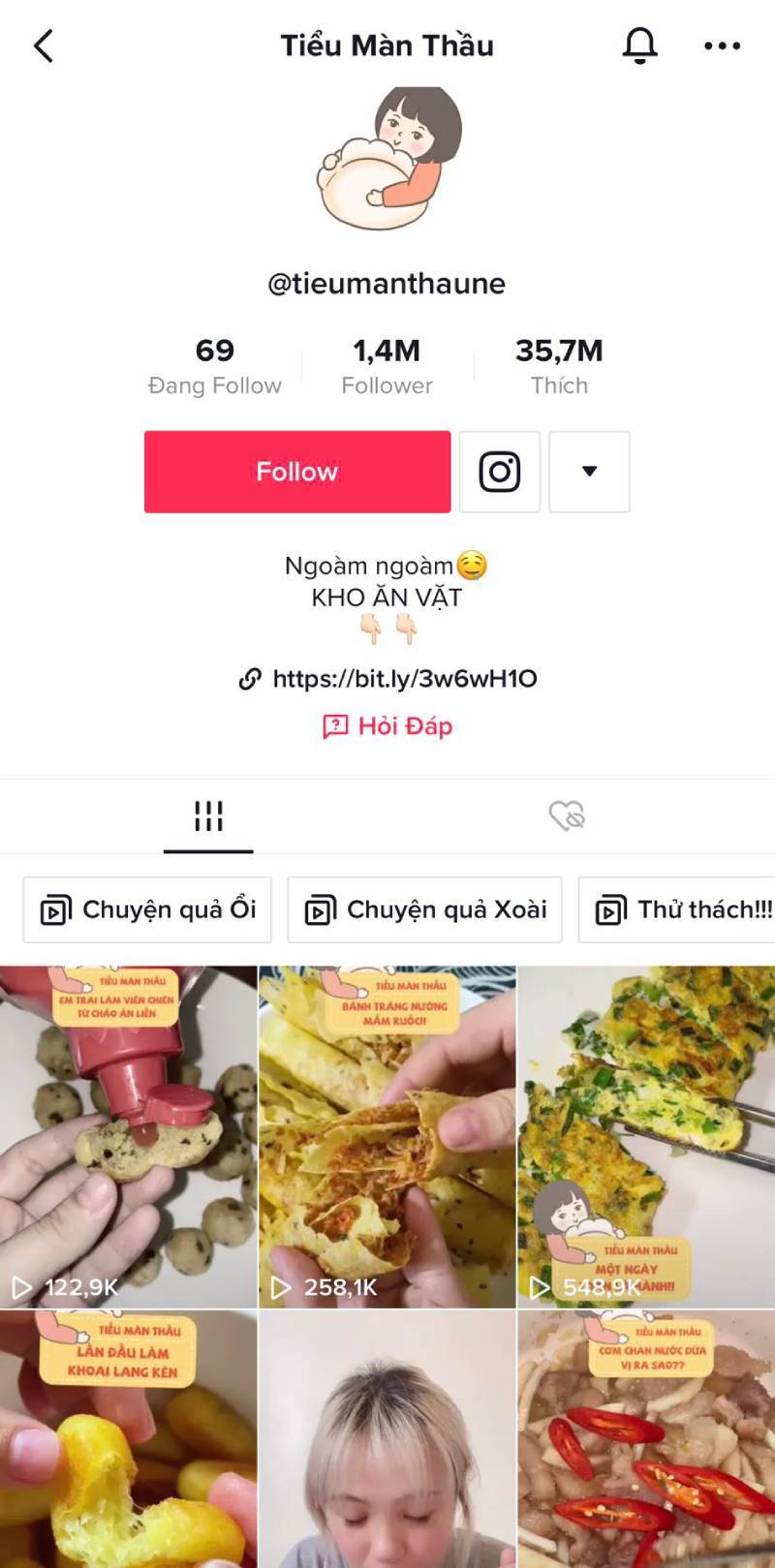  
Kênh TikTok của Tiểu Màn Thầu ngập tràn những video ăn uống.