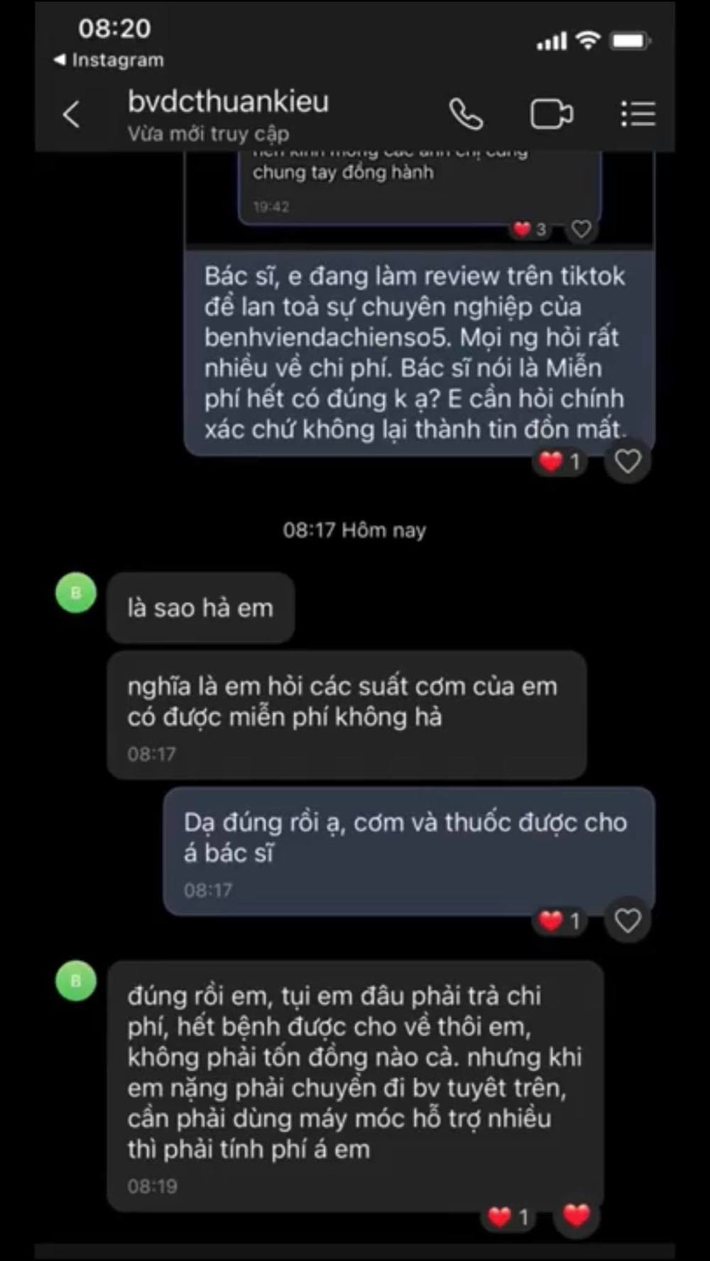  
Cô gái chia sẻ đoạn tin nhắn với bác sĩ tại khu cách ly ở Thuận Kiều Plaza, xác nhận chi phí điều trị ở đây là miễn phí 100%. (Ảnh: Chụp màn hình)
